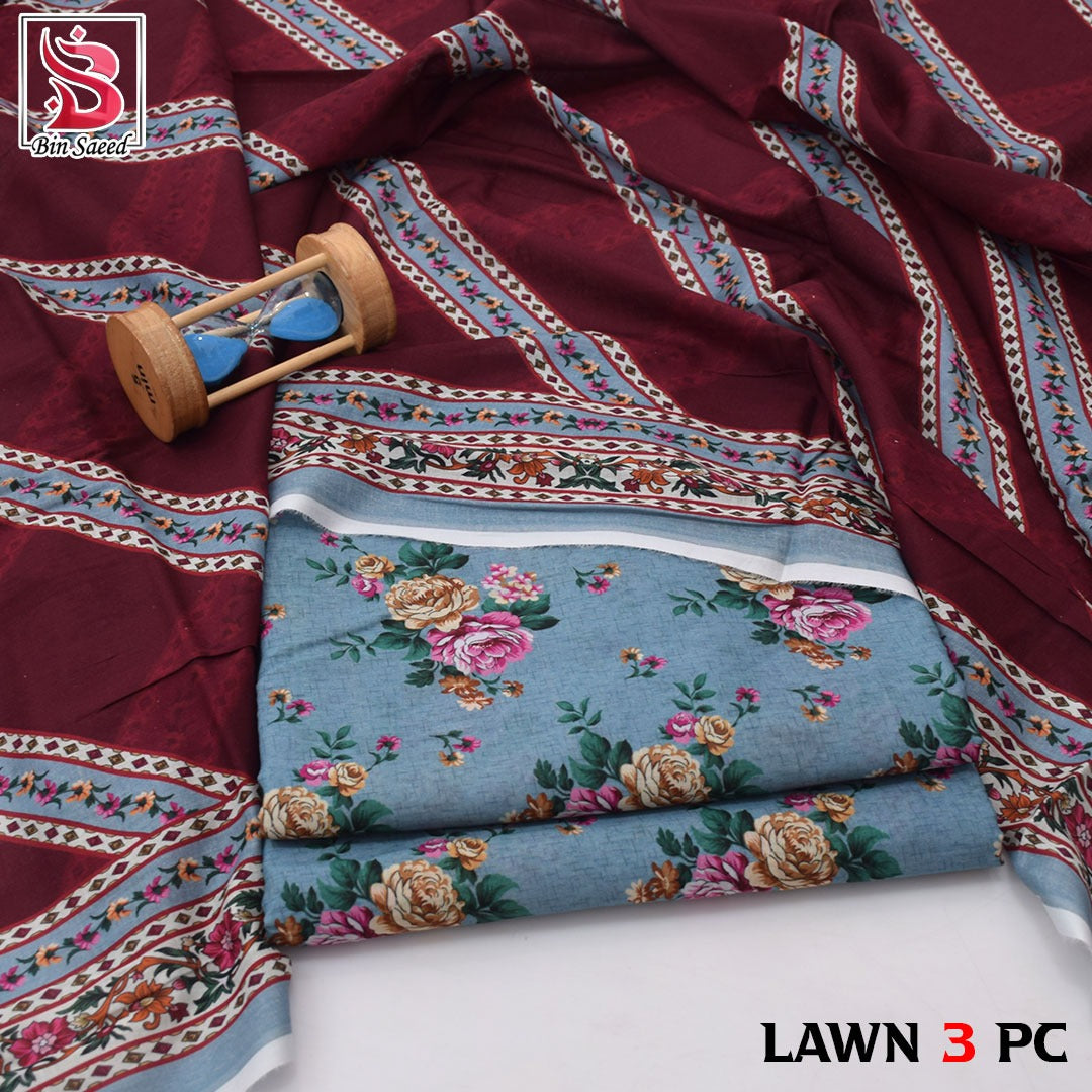 Premium print Lawn Fabric 3pc - Lawn Dupatta d- 6044