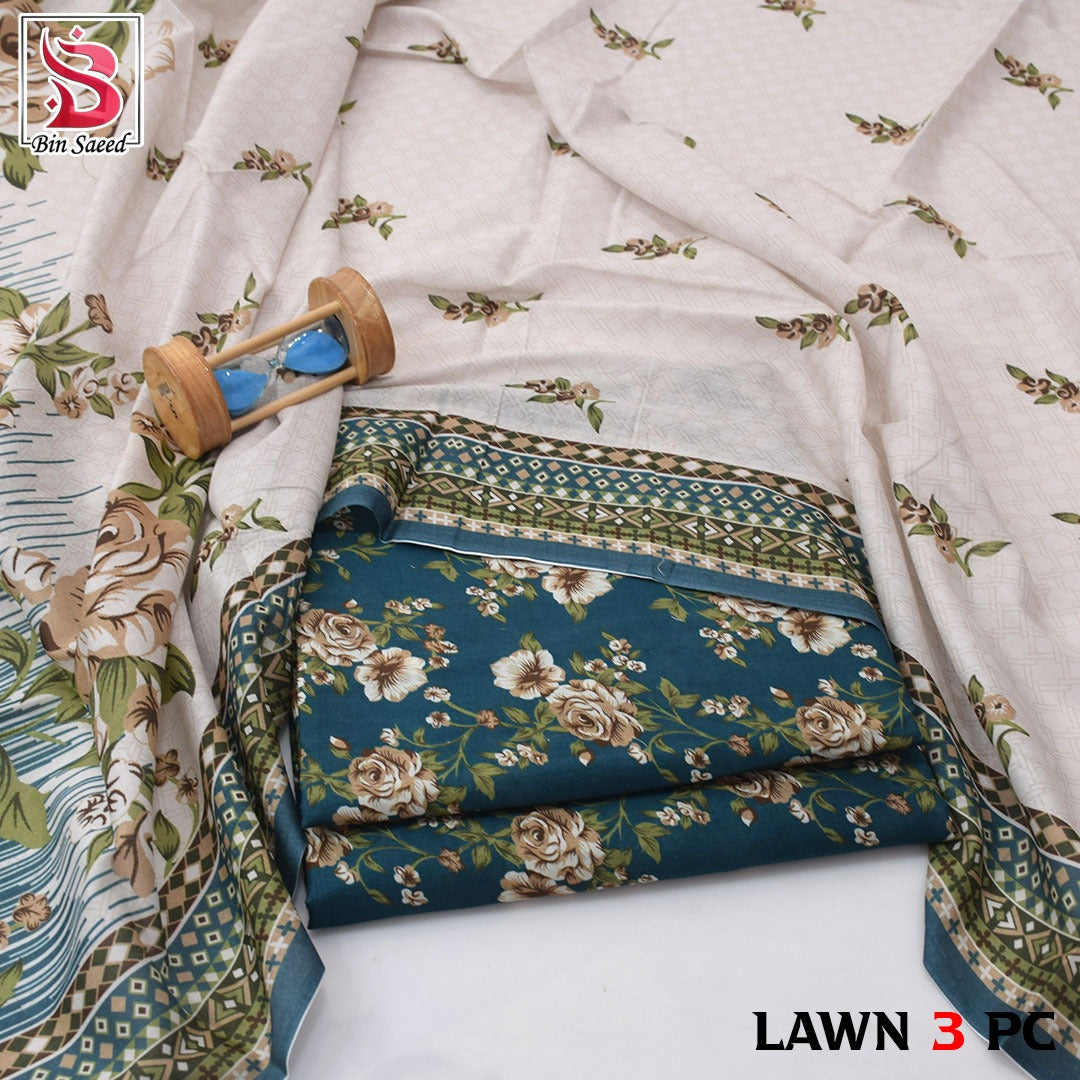 Premium print Lawn Fabric 3pc - Lawn Dupatta d- 6080