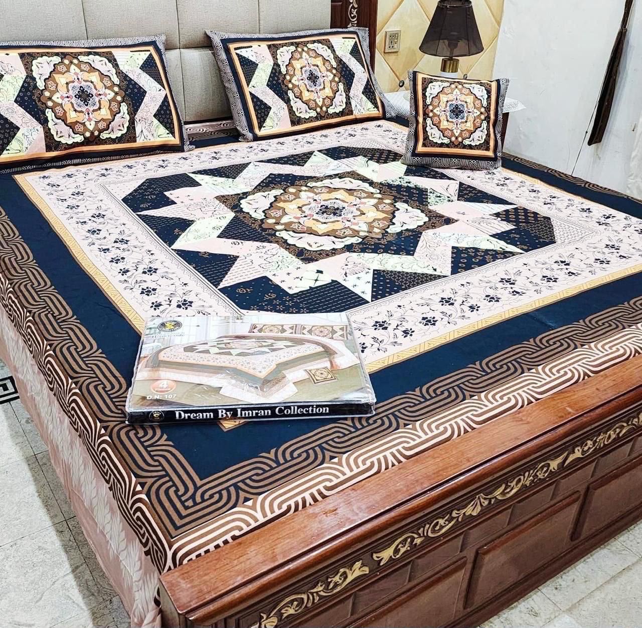 3d panal crystal cotton 3pc king size bedsheet bd 6008