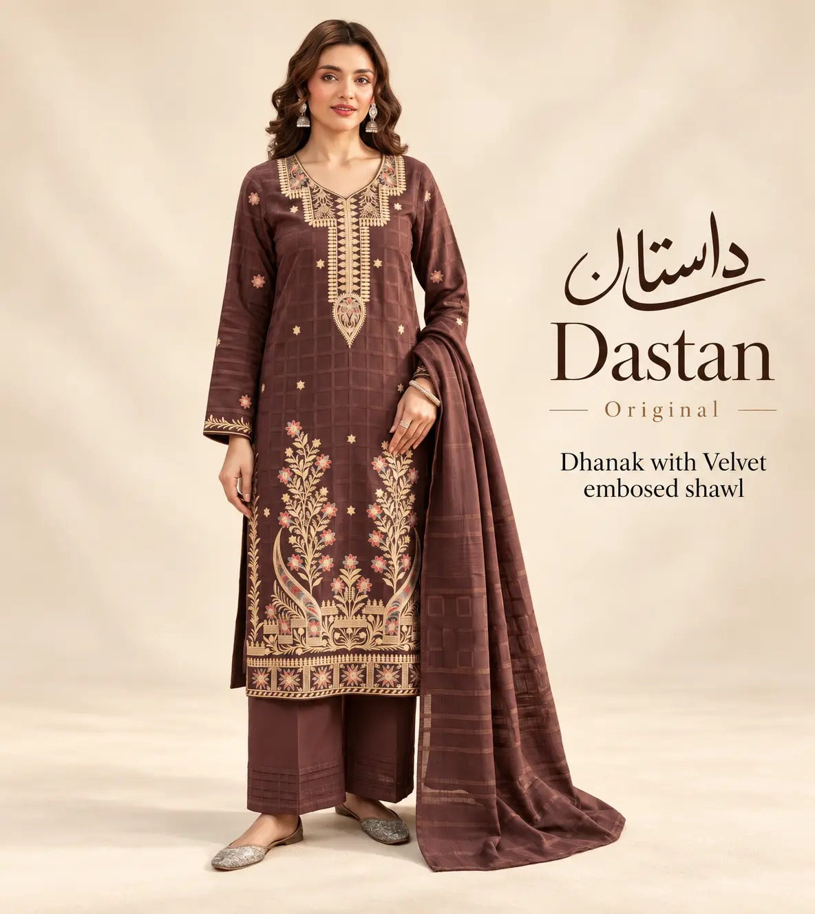 Original Brand Dastan داستان | Fabric Dhanak with Velvet embosed shawl | Unstitch