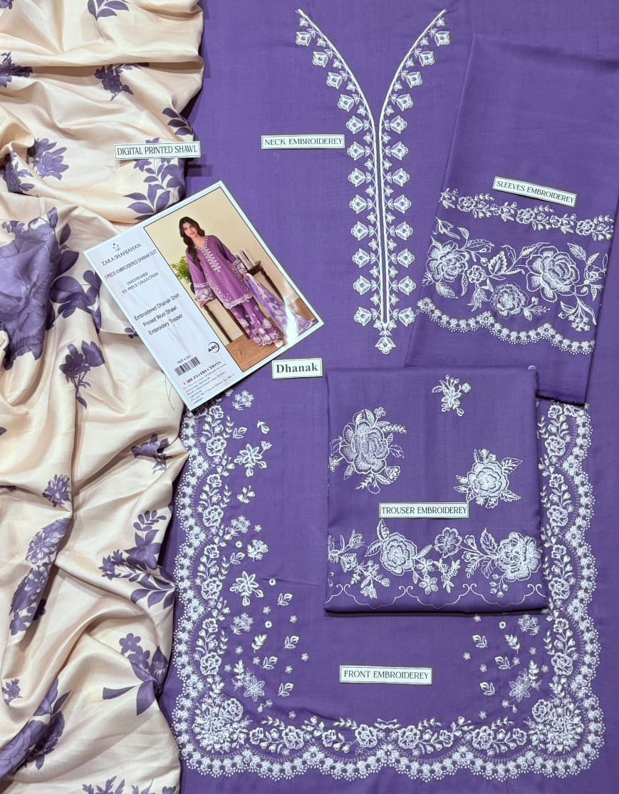 Dhanak Designer Embroidered 3 Piece Suit for Women – Unstitch Winter Collection 2026 thumbnail 2