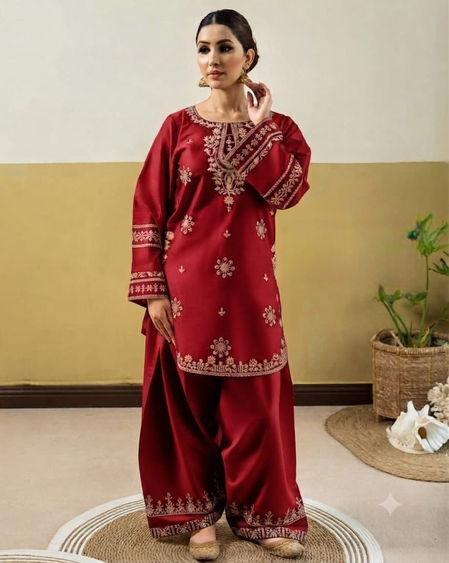 👑 Premium Dhanak 2-Piece Winter Designer Dress for Women